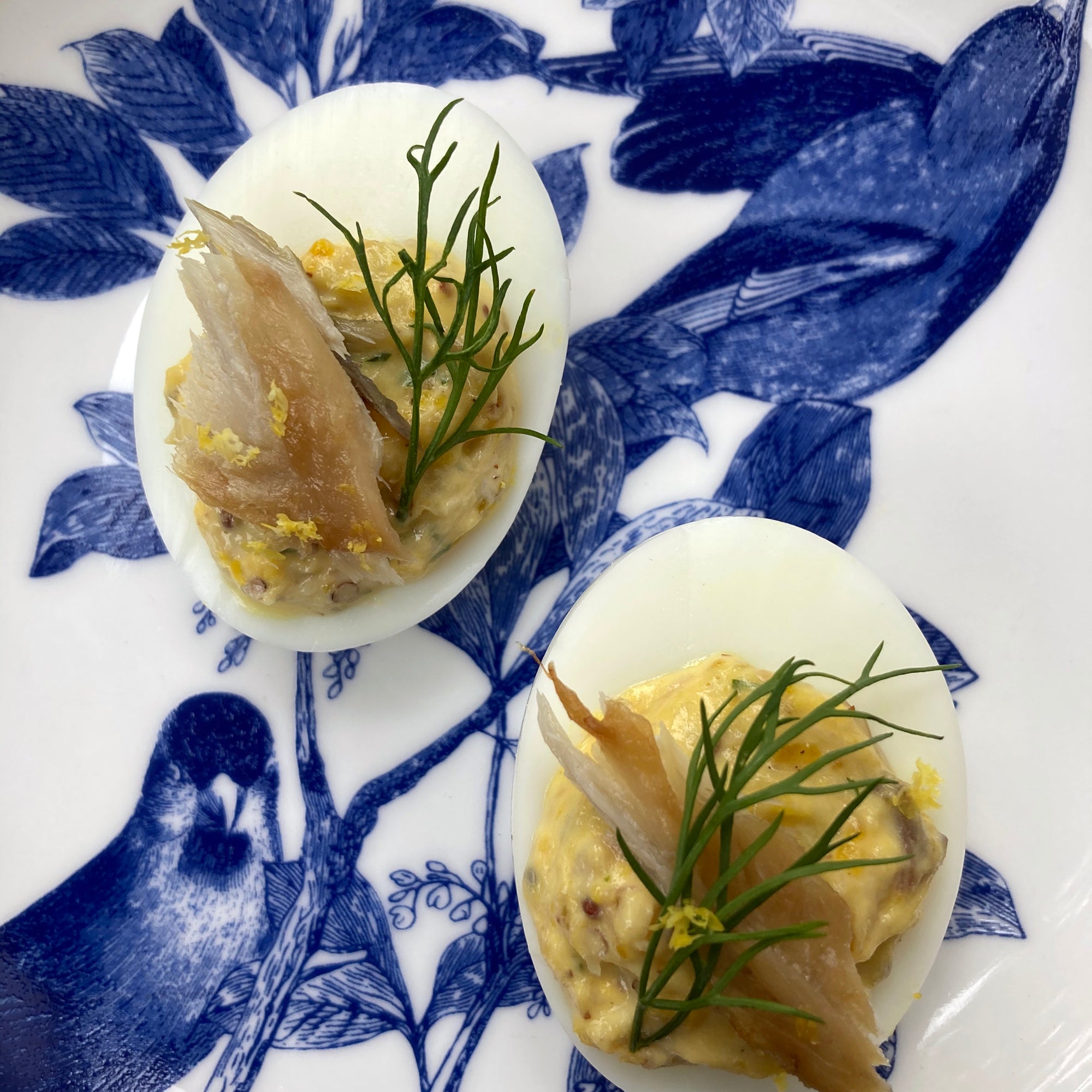 Deviled Eggs with Smoked Trout on Caskata Blue Arbor with Birds Canape