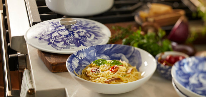 Caskata Botanical Dinnerware, Plated with Brie and Tomato Fetuccini
