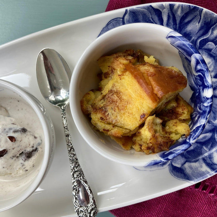 bread pudding recipe and Caskata peony snack bowl and Caskata peony small oval platter