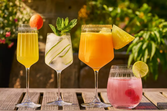 Four cocktails in Marrakech crystal glassware with fruit garnishes, styled outdoors on a wooden table in natural sunlight