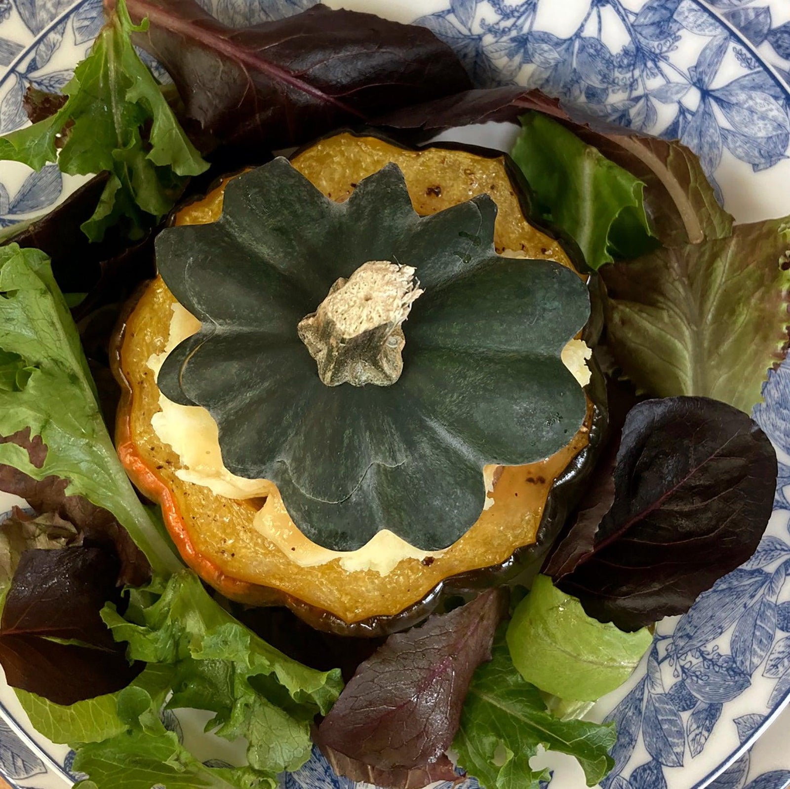 Roasted Acorn Squash stuffed with Shepherd's Pie on Caskata Blue Arbor Dinner Plate