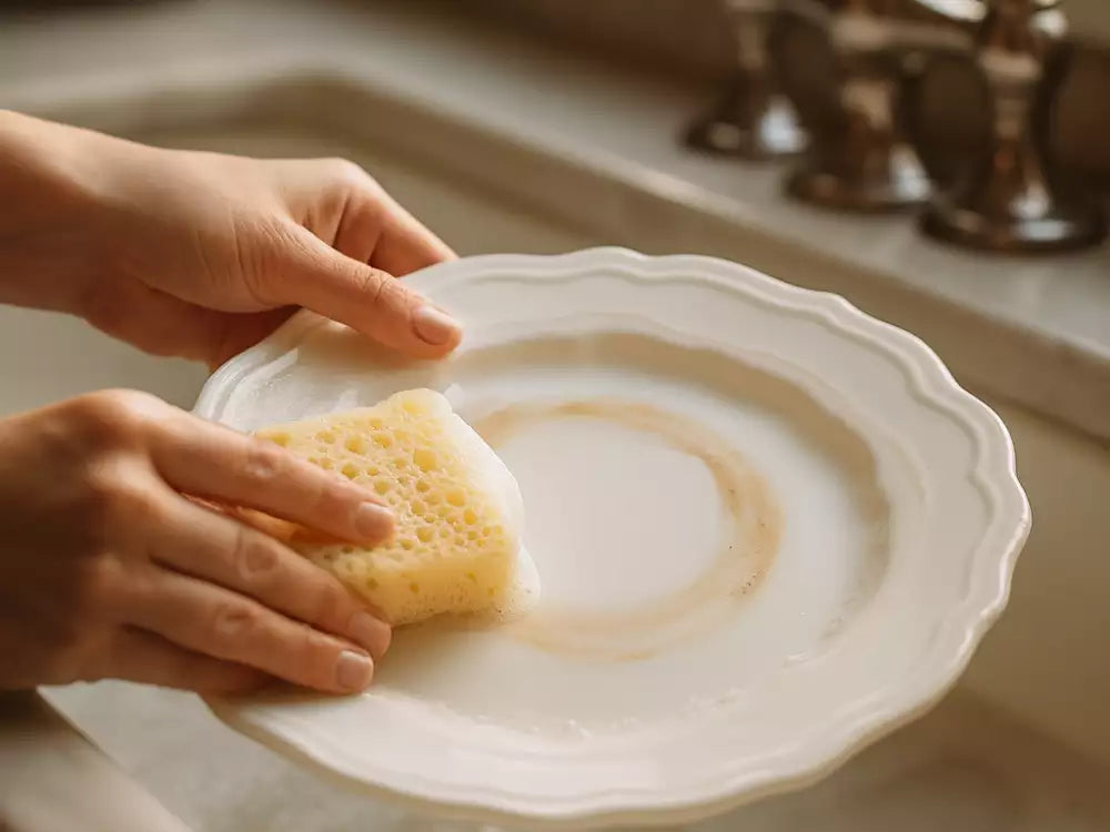 Hands gently washing a white porcelain dinner plate with a sponge in warm soapy water, soft light in a kitchen sink
