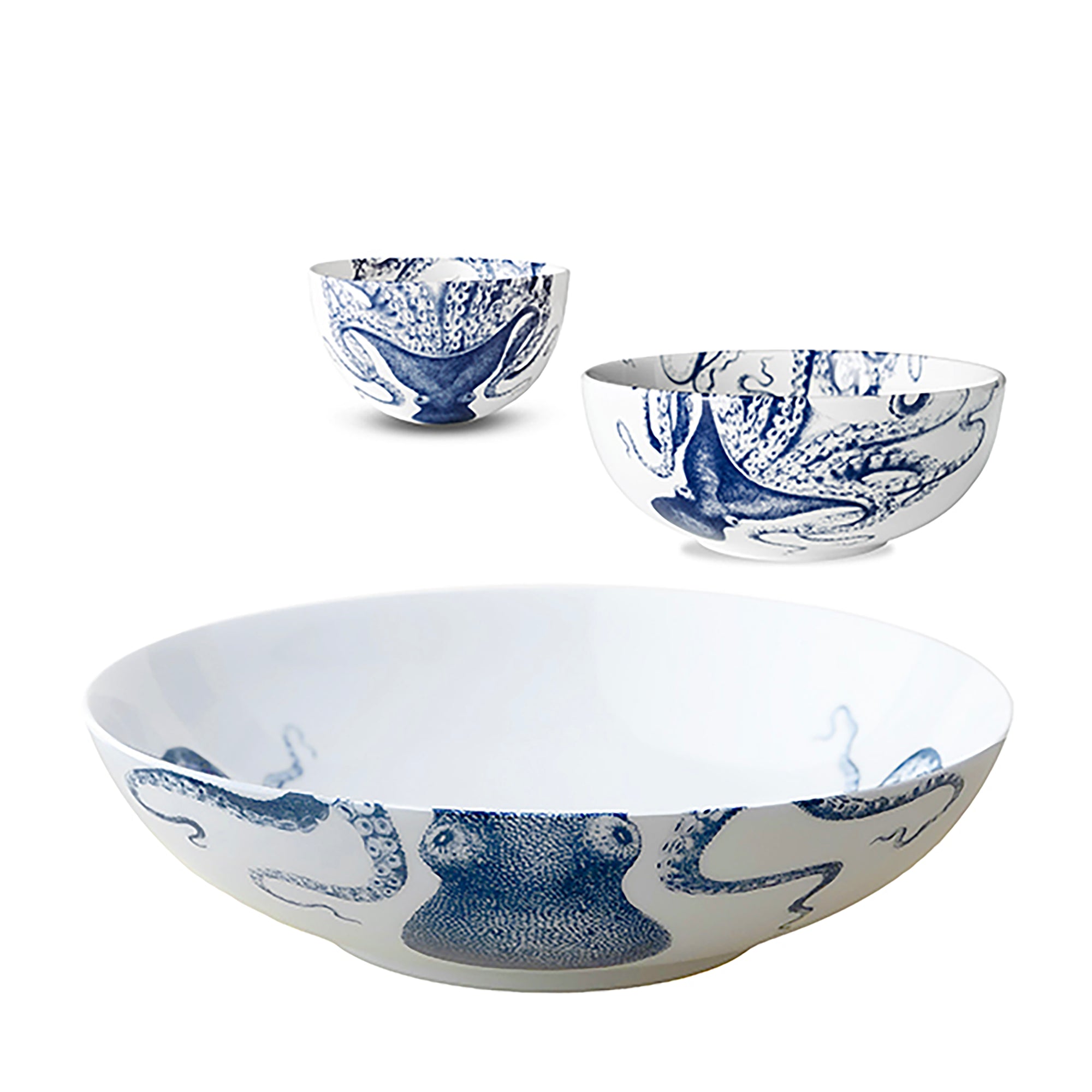Three bowls with octopus designs on them.