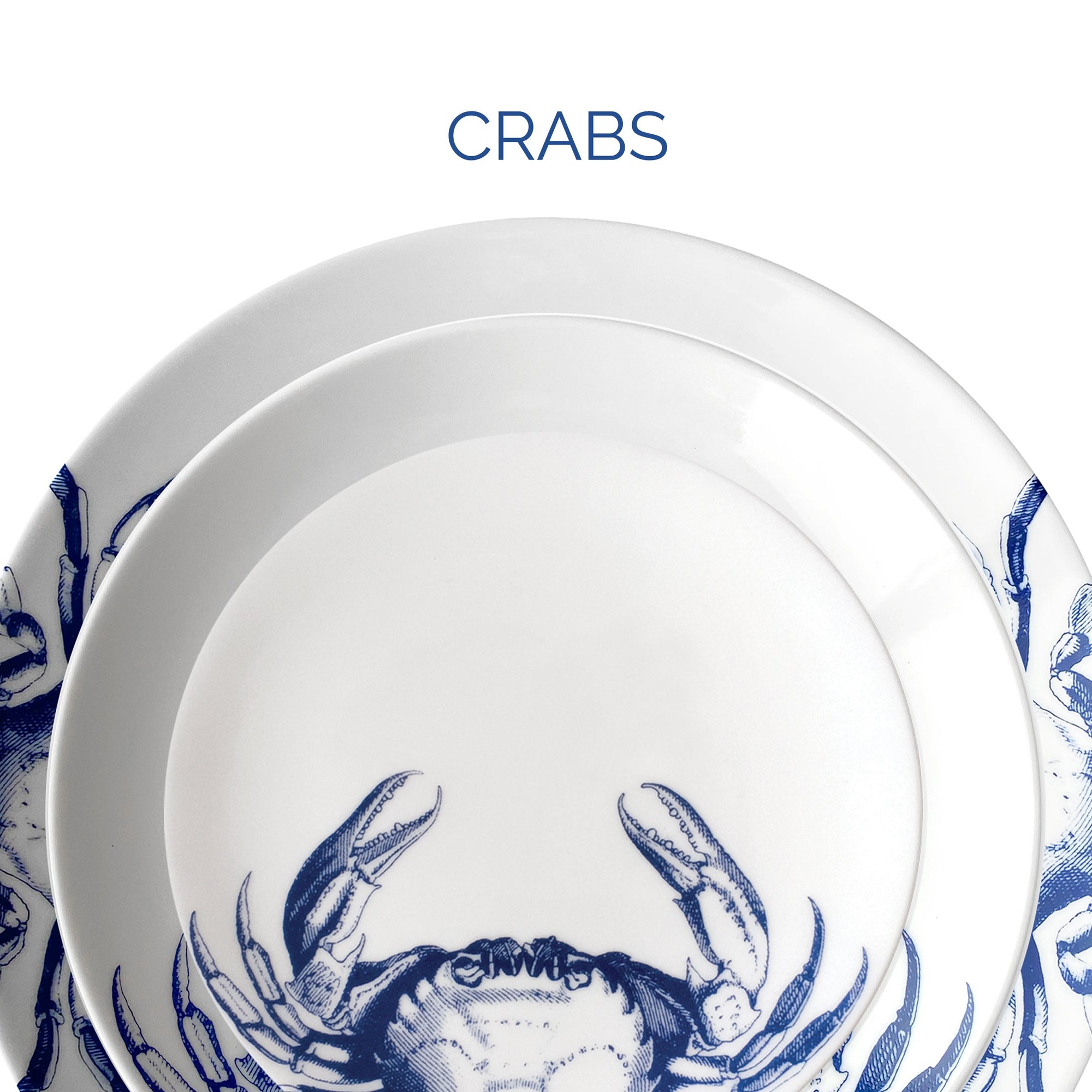 White plate with blue crab designs on the rim and the word "crabs" at the top.