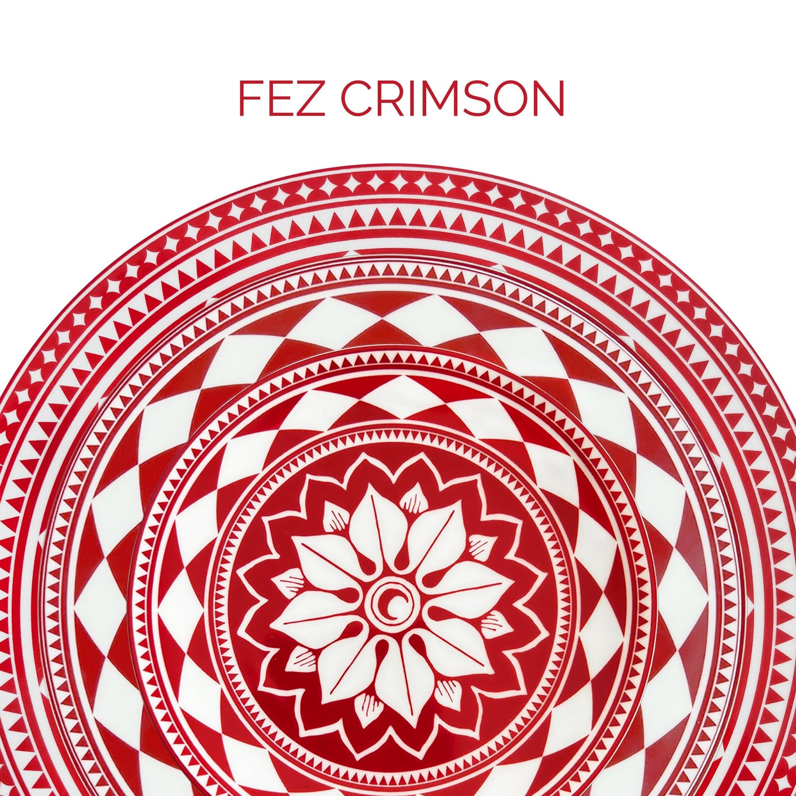 A round plate with intricate red and white geometric patterns and flower design, labeled "Fez Crimson" at the top.