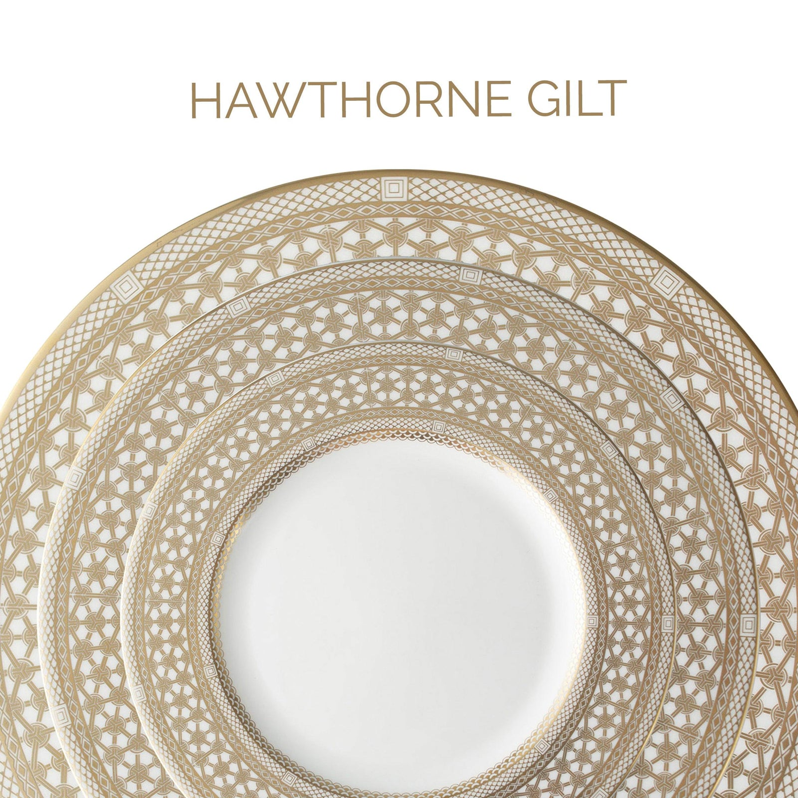 A white plate with ornate gold patterns on the rim. Text above reads "Hawthorne Gilt.