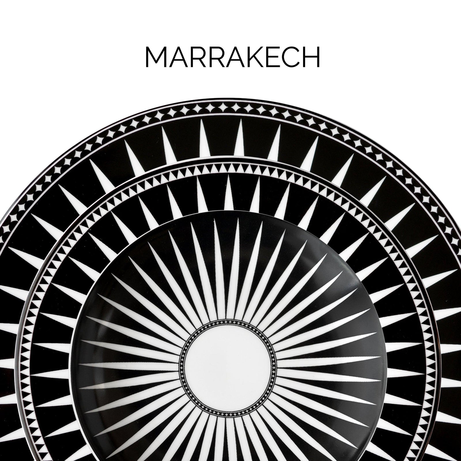 A black and white plate with a geometric pattern around the rim. The design is described by the word "Marrakech" at the top of the image.
