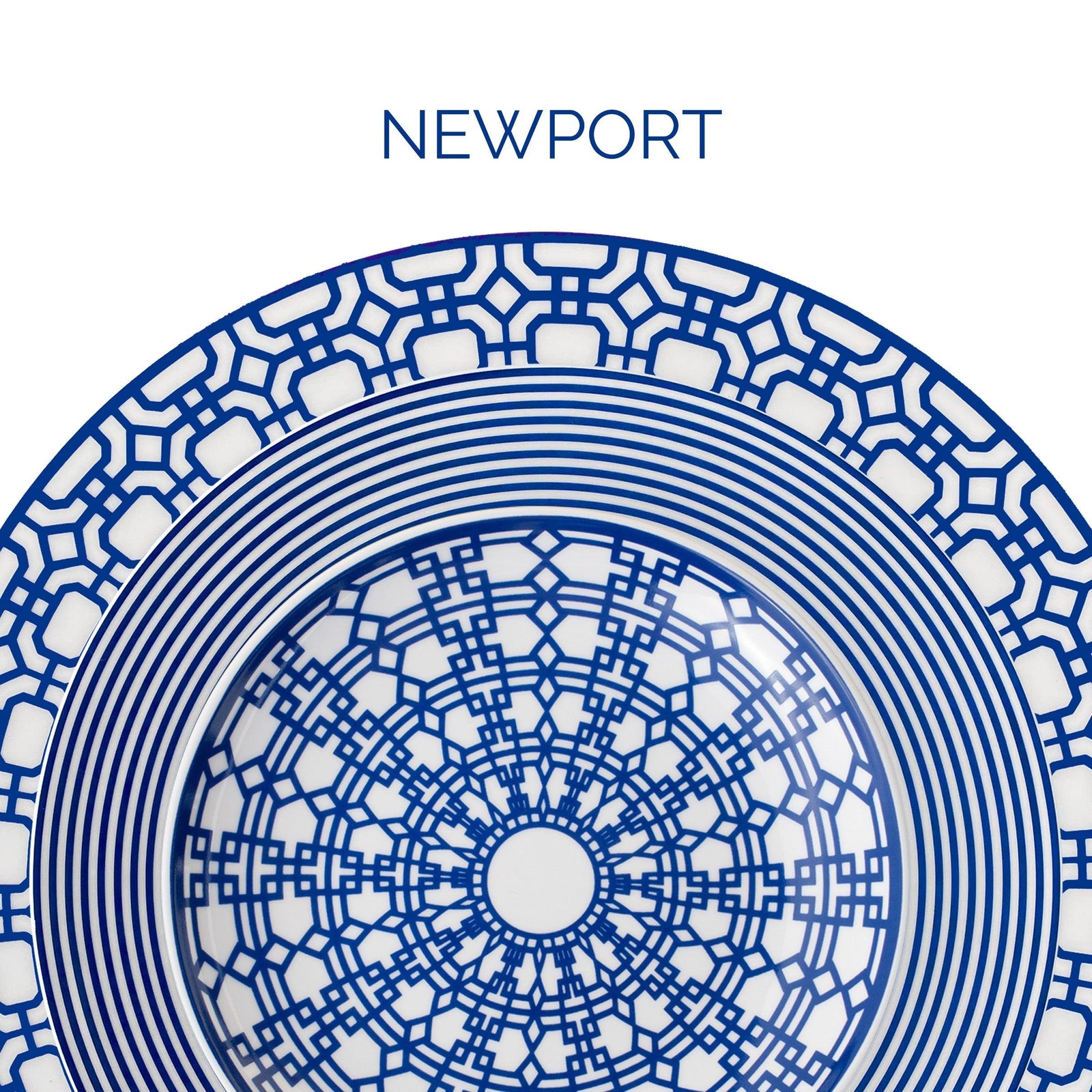 A white plate with intricate blue geometric patterns, labeled "NEWPORT" at the top.