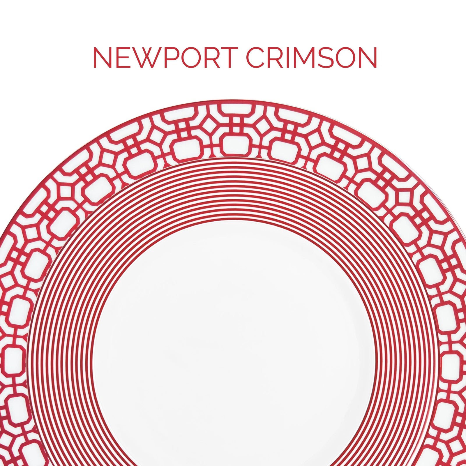 A decorative plate with red geometric and circular patterns. The text above reads "Newport Crimson.