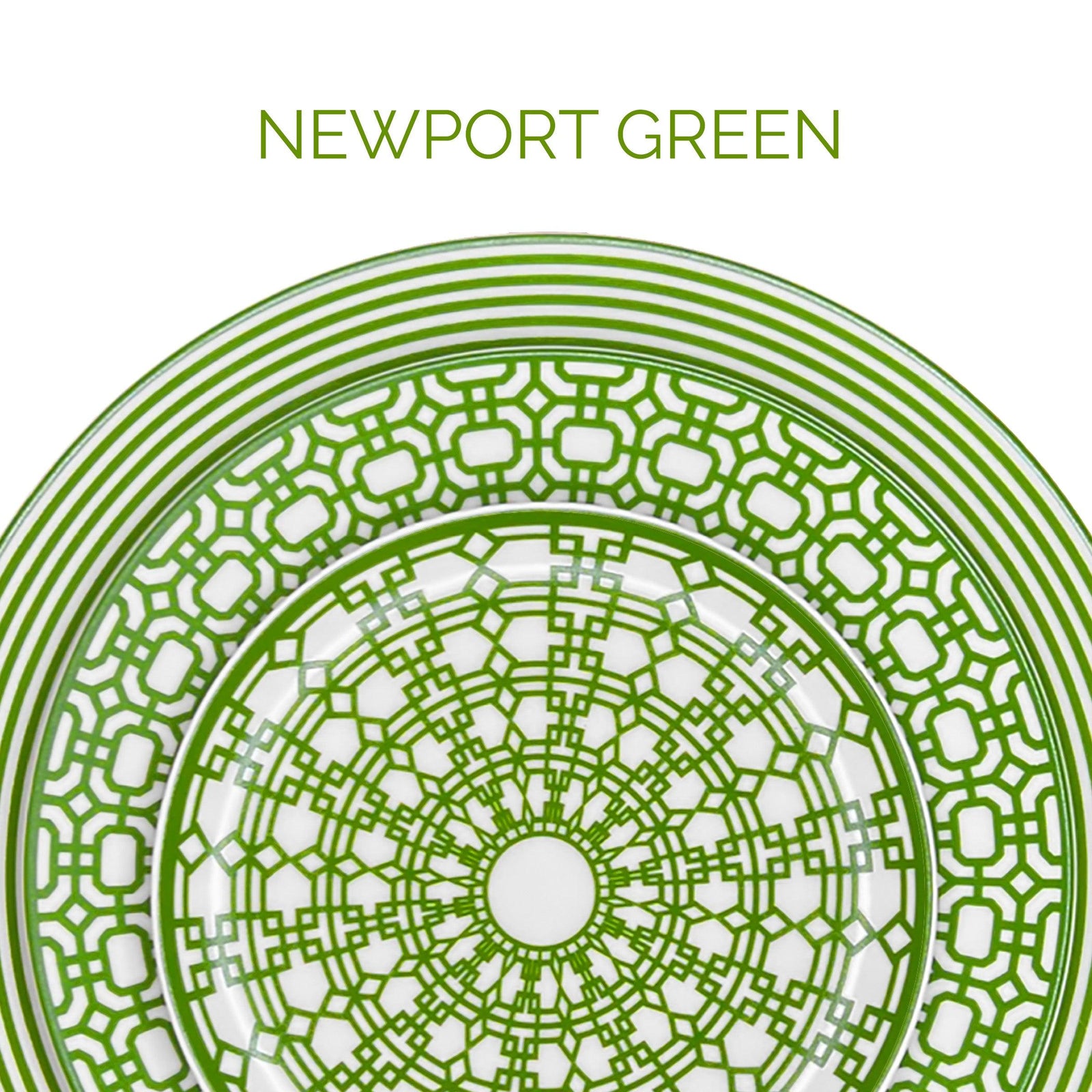 A green and white decorative plate with a geometric pattern, labeled "Newport Green.