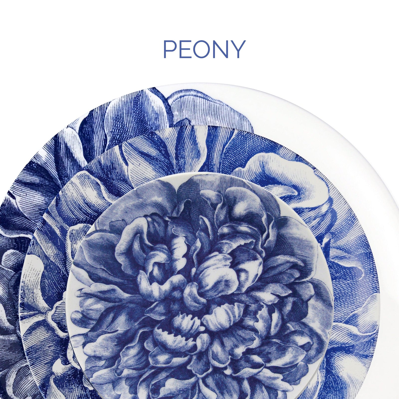 Image shows three white plates with intricate blue floral designs, labeled "PEONY" at the top. The flowers resemble peonies, and the plates appear stacked.