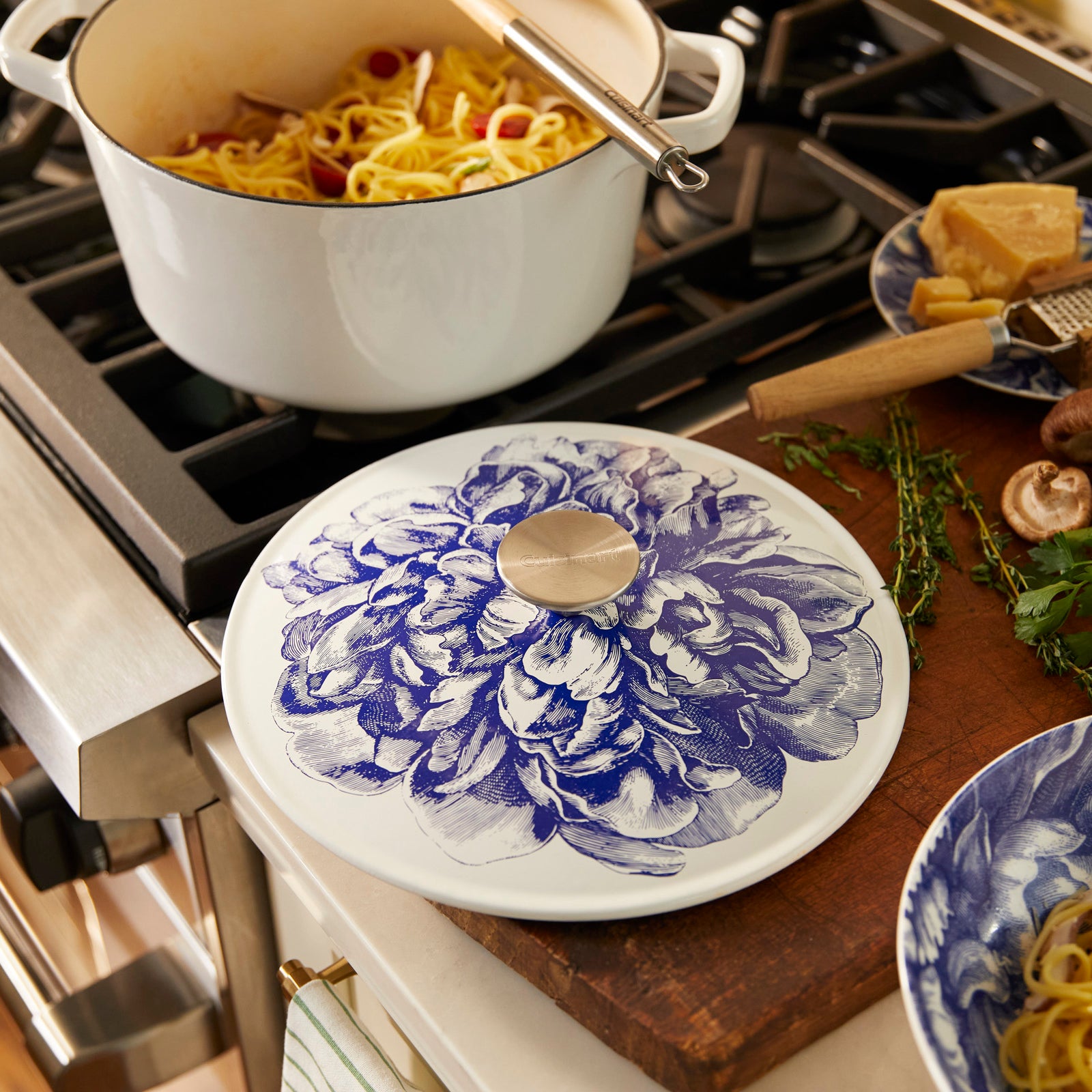 Caskata X Cuisinart Limited Edition Collection finds its way onto everything from cast iron cookware to high-fired porcelain in this romantic, fashion-forward collection originally designed for the world-famous Met Gala from Caskata.