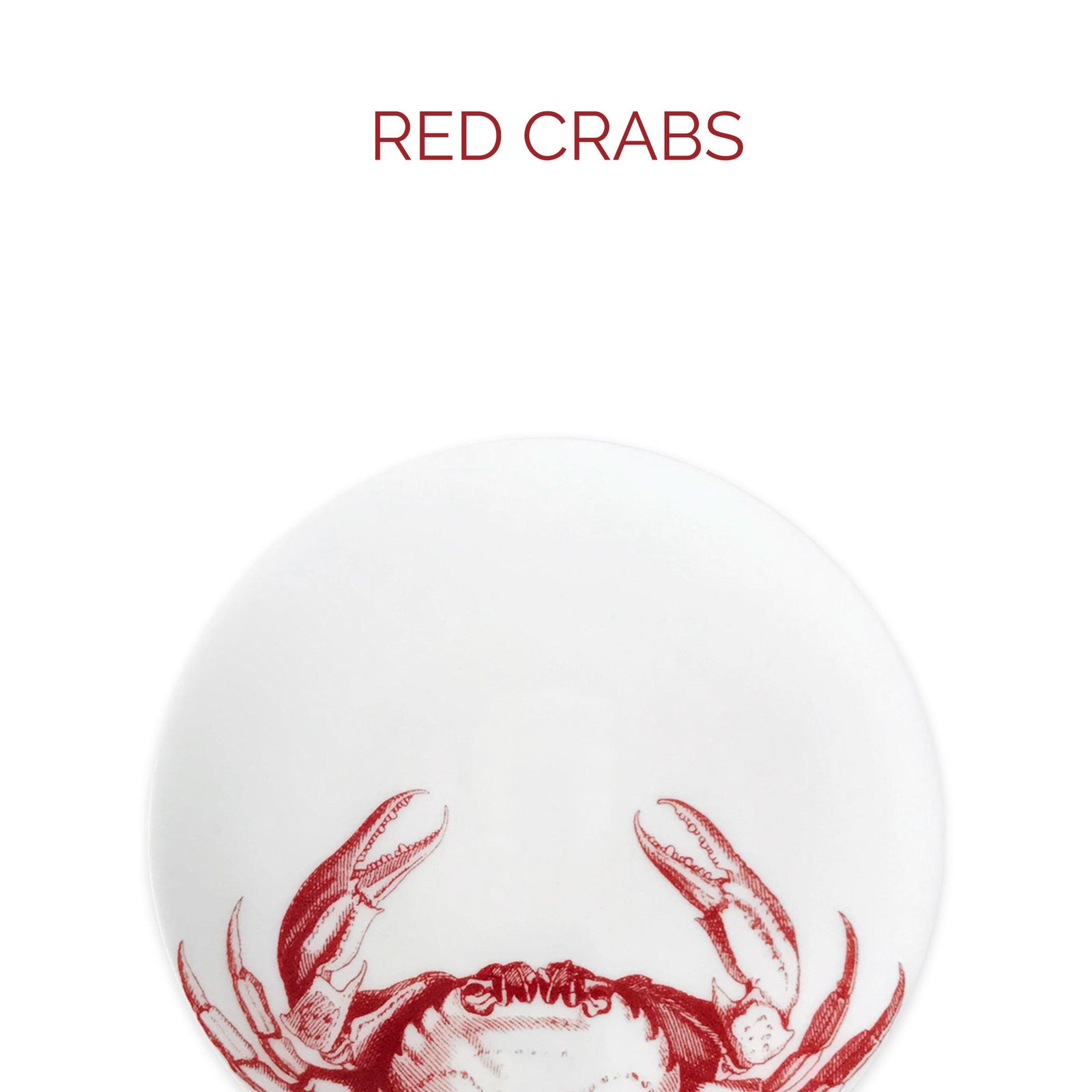 A drawing of a red crab partially visible at the bottom of a white circular plate with the text "RED CRABS" above.