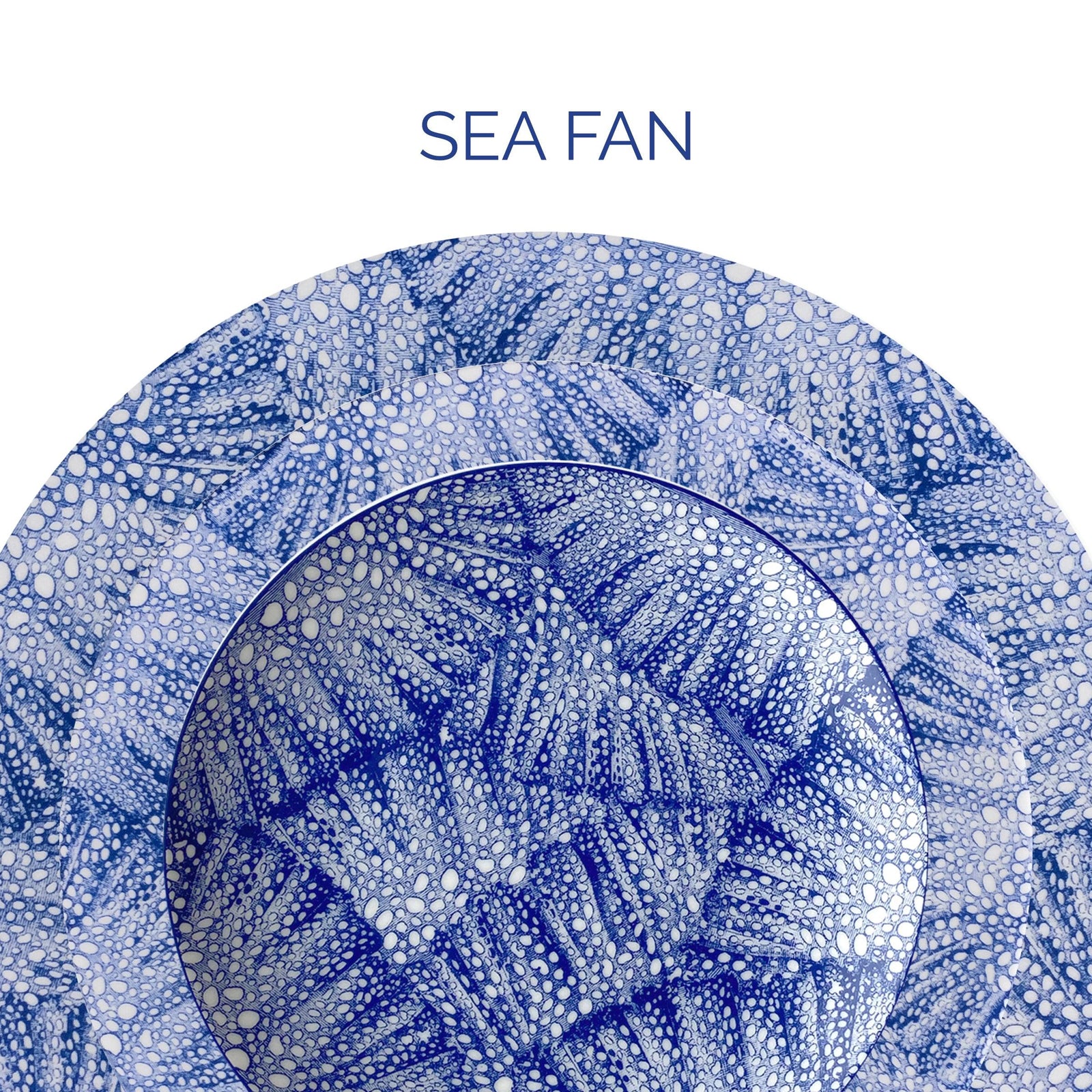 Blue and white plates with a sea fan design pattern.