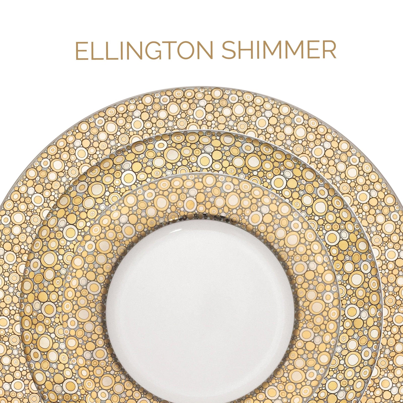 Three nested plates with intricate gold and silver circular patterns labeled "Ellington Shimmer.