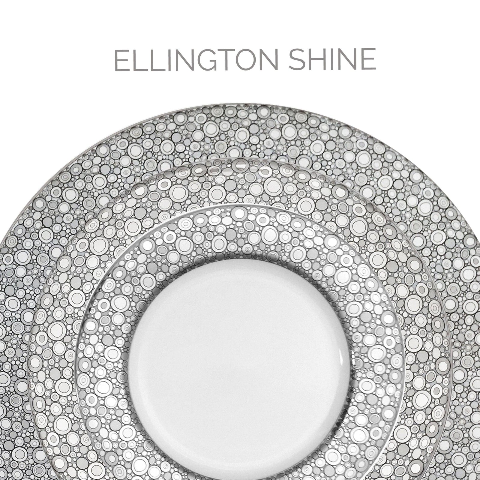 Three overlapping decorative plates with a circular pattern on the rim. Text above reads "ELLINGTON SHINE.