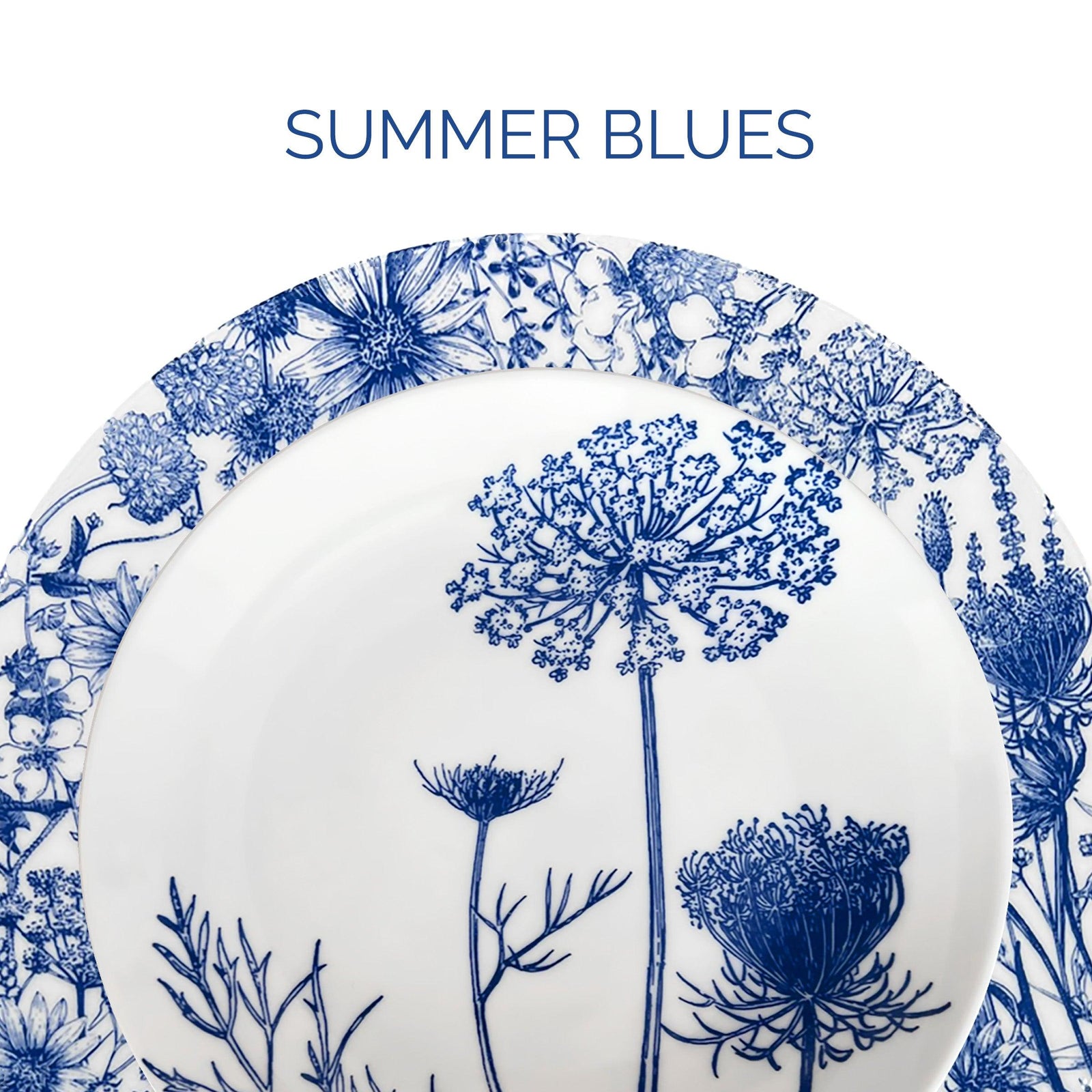Close-up of a white plate with intricate blue floral designs and the text "SUMMER BLUES" written above it.