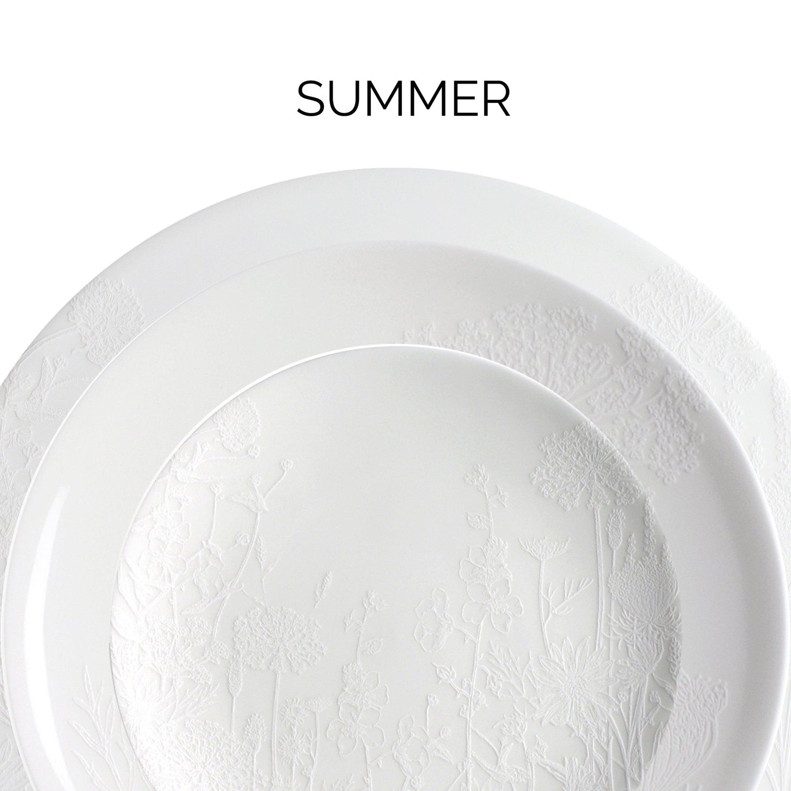 White dinner plate with an embossed floral pattern on the rim, accompanied by the word "SUMMER" above it.