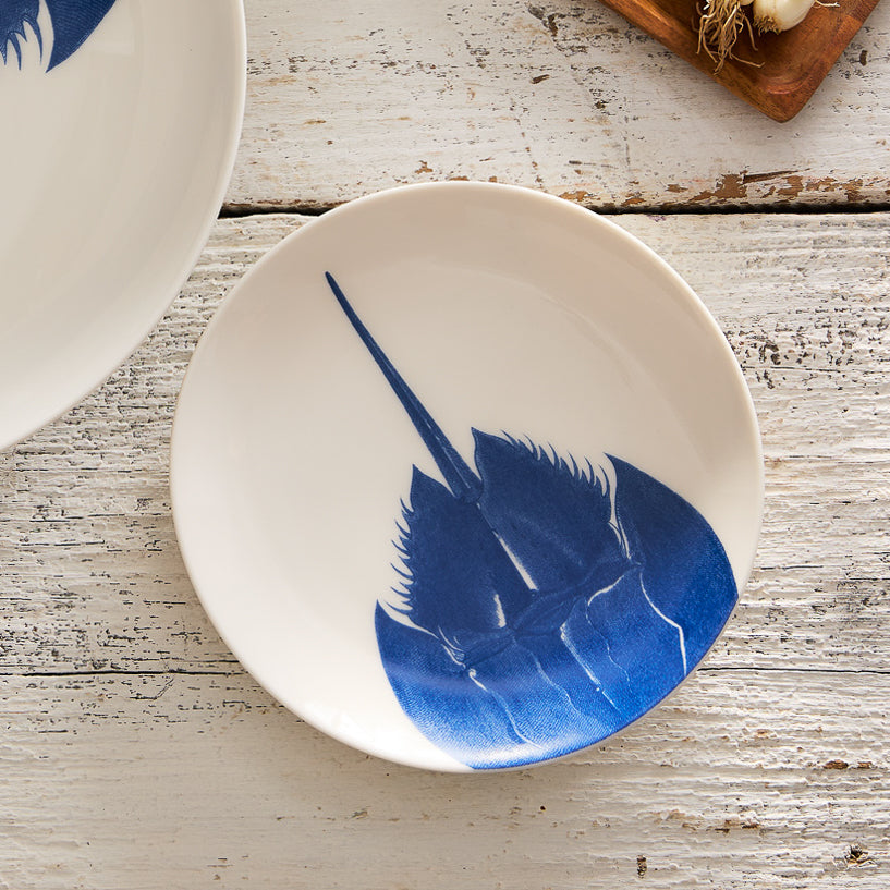 The Horseshoe Crab Coupe Salad Plate by Caskata Artisanal Home is a contemporary porcelain plate that elegantly showcases a blue illustration of a horseshoe crab.