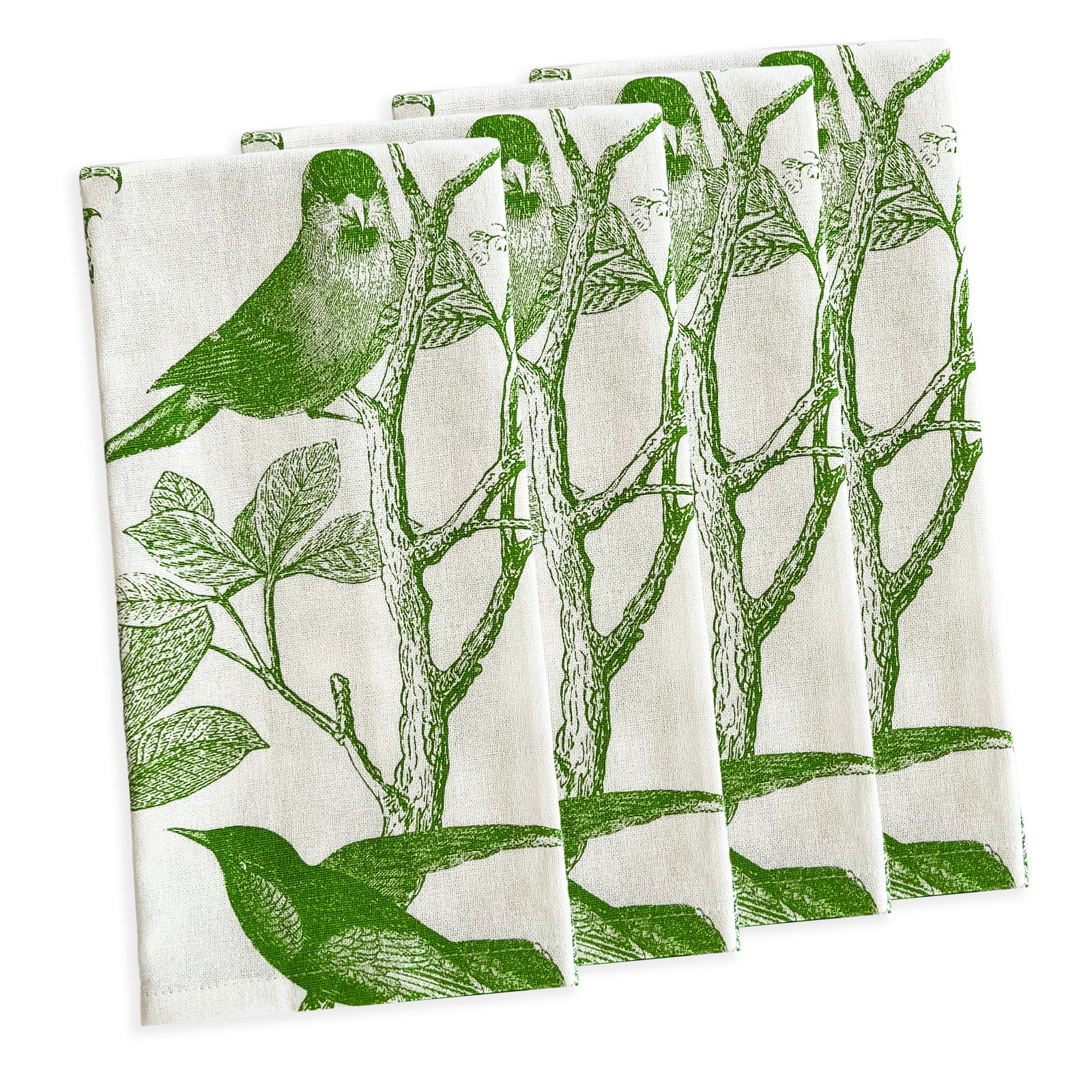 The Caskata Arbor Birds Verde Dinner Napkins are crafted from 100% cotton, showcasing a green printed design of birds and branches. Perfect for everyday elegance, they're machine washable for easy care.