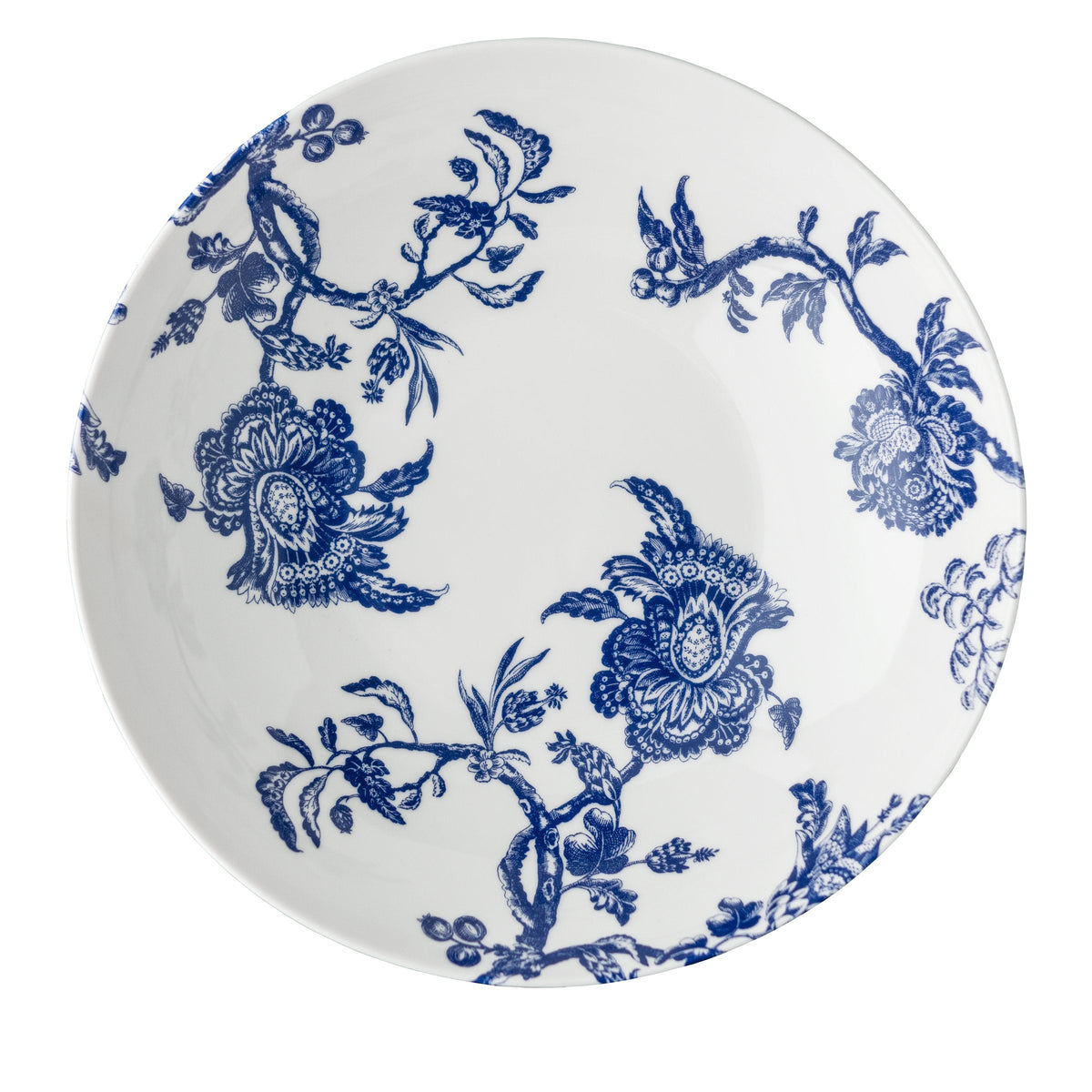 An Arcadia Wide Serving Bowl featuring a blue and white floral pattern from Caskata Artisanal Home.