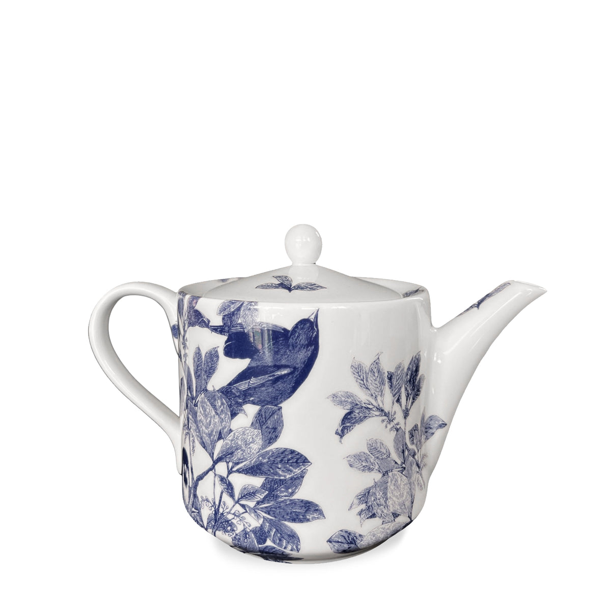 One side of the Arbor blue and white bone china teapot from Caskata features a lovely singing bird.