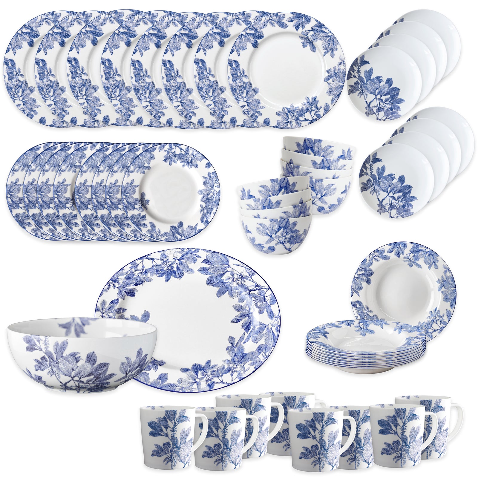 The Caskata Arbor Ultimate Set is a 32-piece porcelain dinnerware collection featuring blue floral designs on plates, bowls, and mugs, displayed together on a white background for classic cottage-inspired tableware charm.