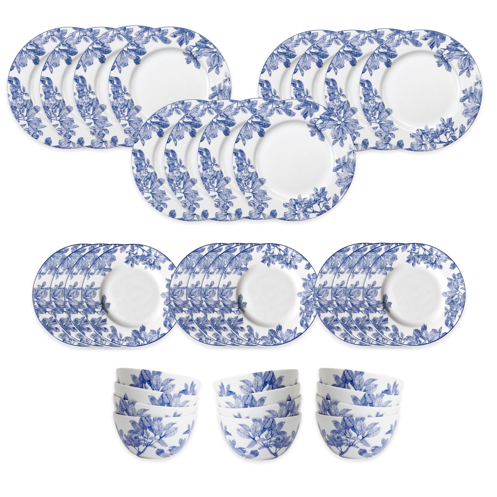 The Caskata Arbor Table for 12 is a 36-piece blue and white floral porcelain dinnerware set with plates and bowls, shown in rows on a white background. Dishwasher and microwave safe for everyday ease.