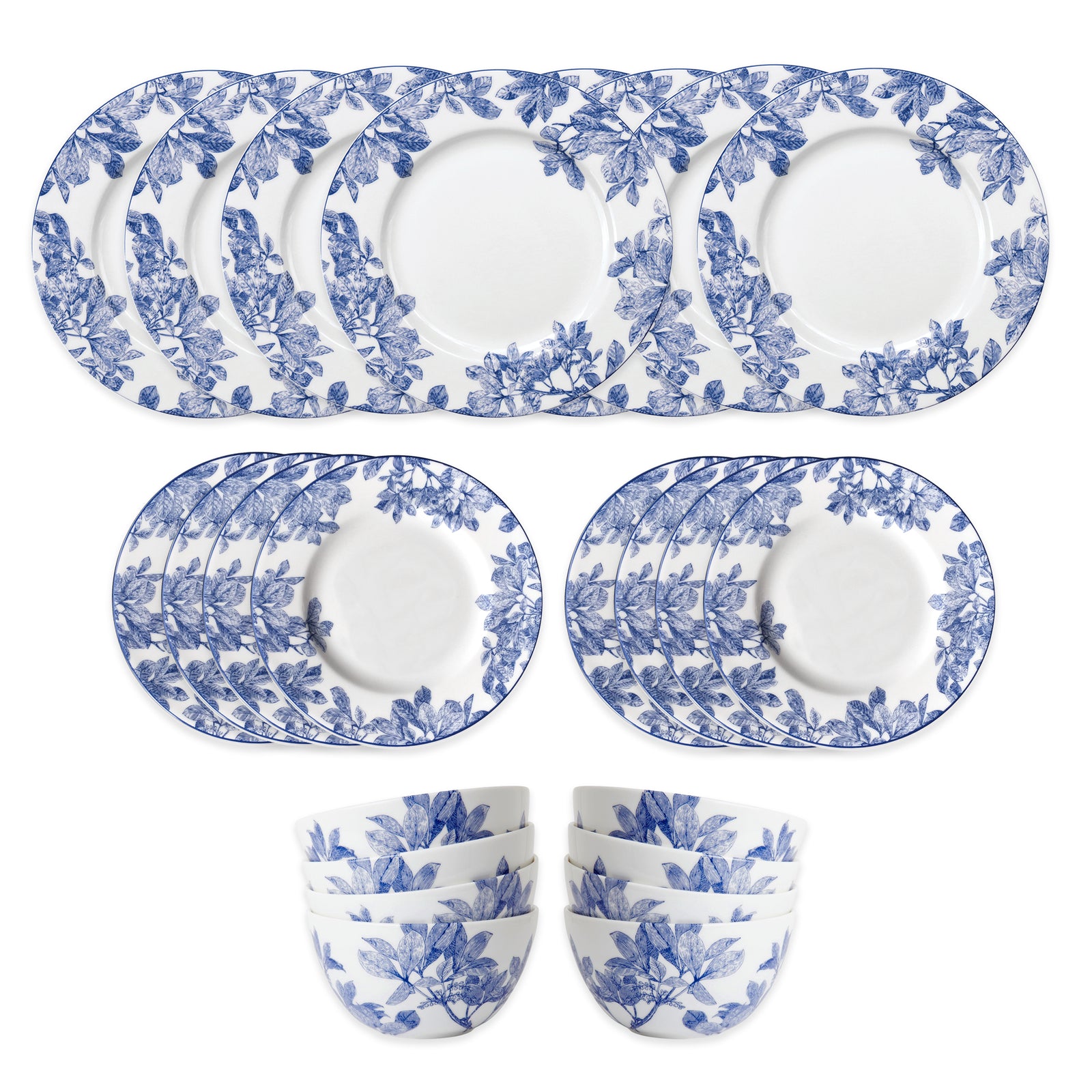 The Caskata Arbor Table for 8 is a 16-piece porcelain dinnerware set with plates and bowls in blue floral designs on white. Arranged in four groups, it is dishwasher and microwave safe for everyday convenience.
