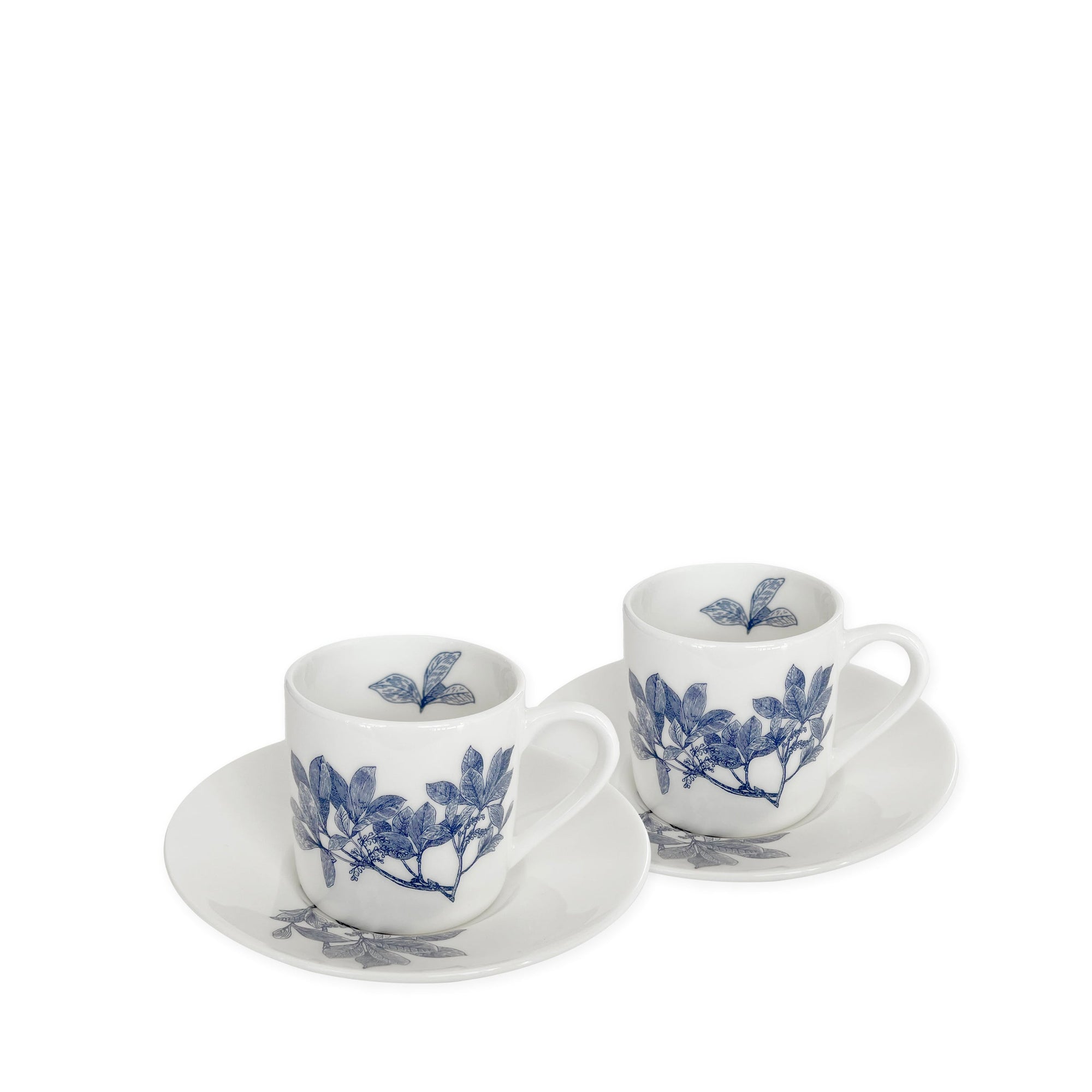 Arbor Espresso Cup and Saucer Sets of 2 in blue and white bone china from Caskata