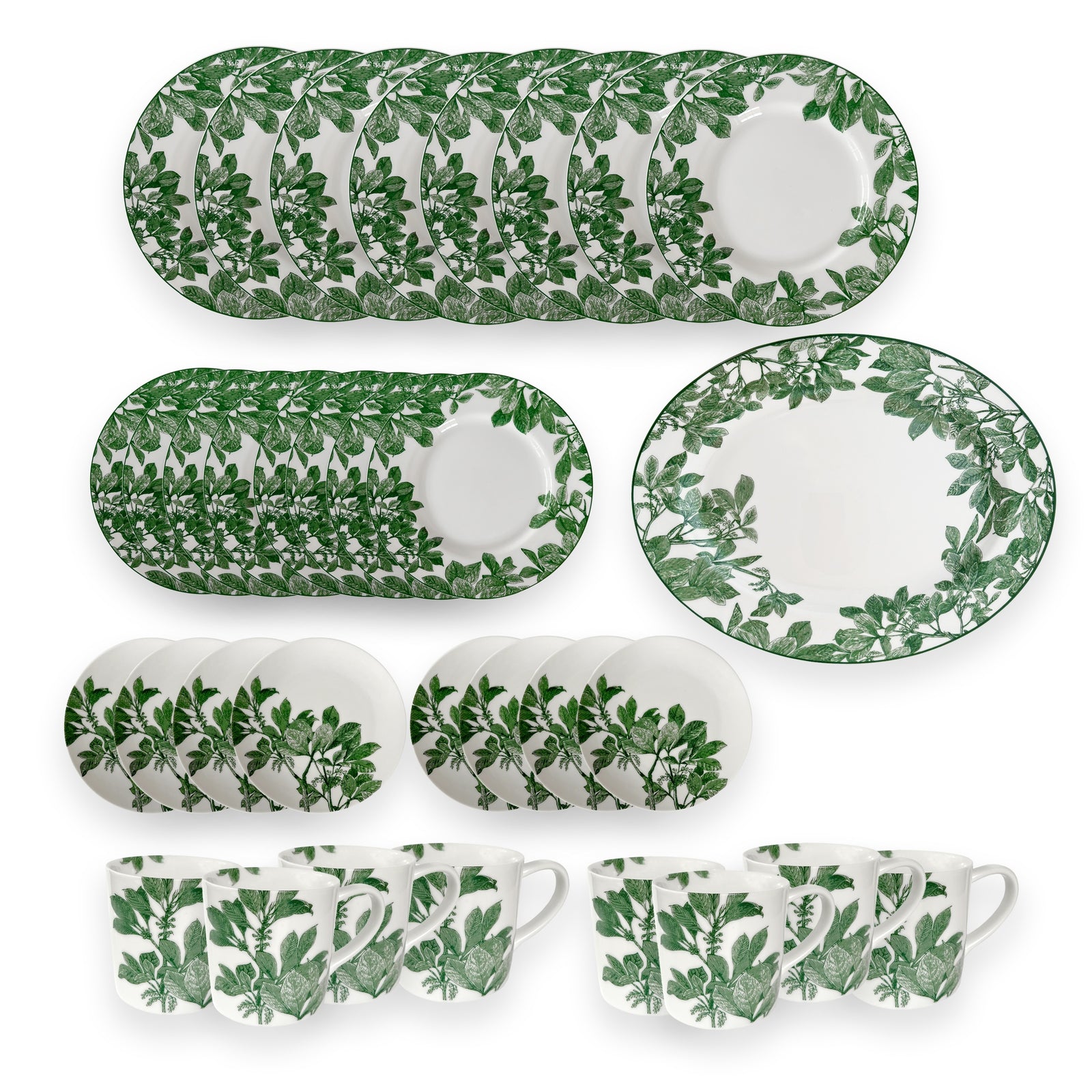 The Caskata Arbor Green Ultimate Set is a 34-piece porcelain dinnerware set with plates, bowls, and mugs, all featuring a green leafy pattern on white. Dishwasher and microwave safe for daily use.