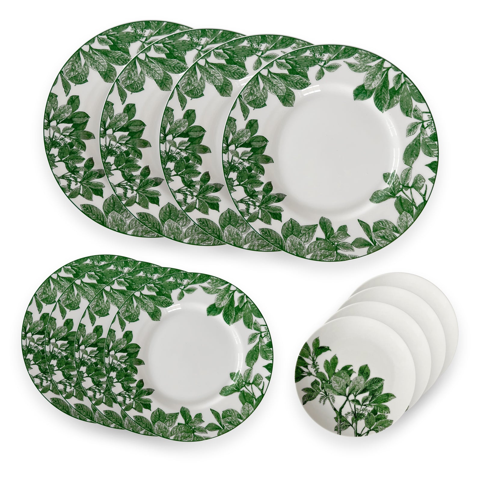 The Caskata Arbor Green Table for 4 set includes six white plates with green leaf-rimmed designs elegantly displayed in two rows; these stylish floral dinnerware plates are dishwasher safe.
