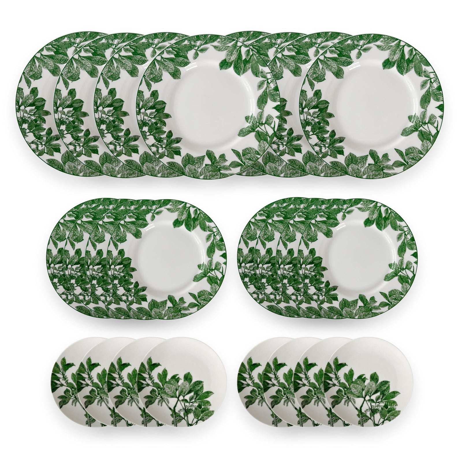 The Caskata Arbor Green Table for 8 is a porcelain dinnerware set of twelve white plates with green leaf patterns in three sizes, arranged by size. This collection is dishwasher and microwave safe for everyday use.