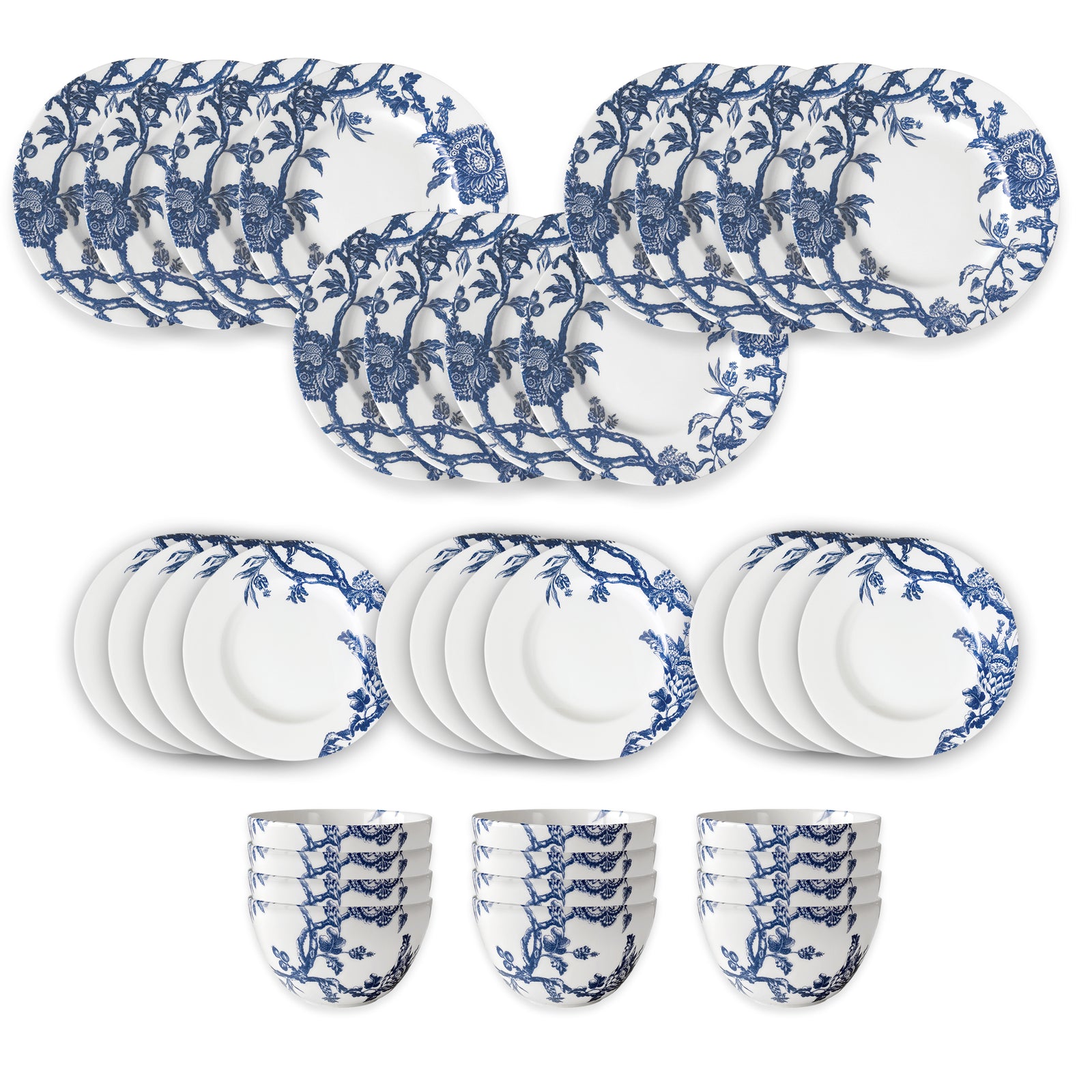 The Caskata Arcadia Table for 12 is a 36-piece porcelain dinnerware set with a blue floral pattern. Includes large plates, small plates, and bowls. Dishwasher and microwave safe for easy, everyday use.