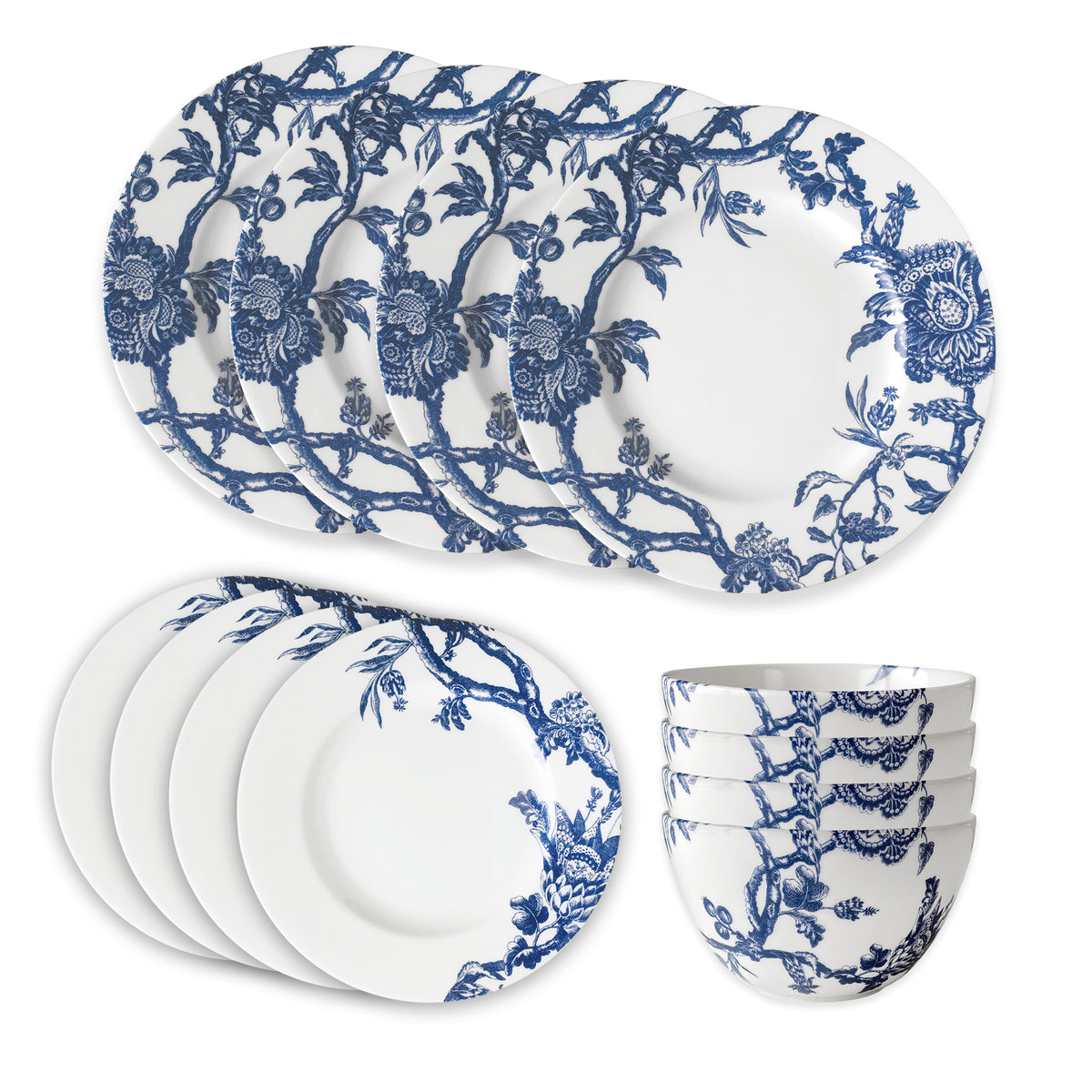 Caskata's Arcadia Table for 4 is a 12-piece blue and white porcelain dinnerware set with a floral pattern, including dinner plates, salad plates, and bowls. Dishwasher and microwave safe for easy everyday use.