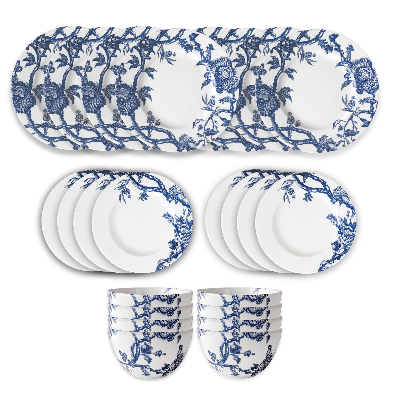 The Caskata Arcadia Table for 8 is a premium porcelain dinnerware set with white plates, side plates, and bowls adorned in blue floral patterns. Dishwasher and microwave safe—perfect for effortless everyday dining.