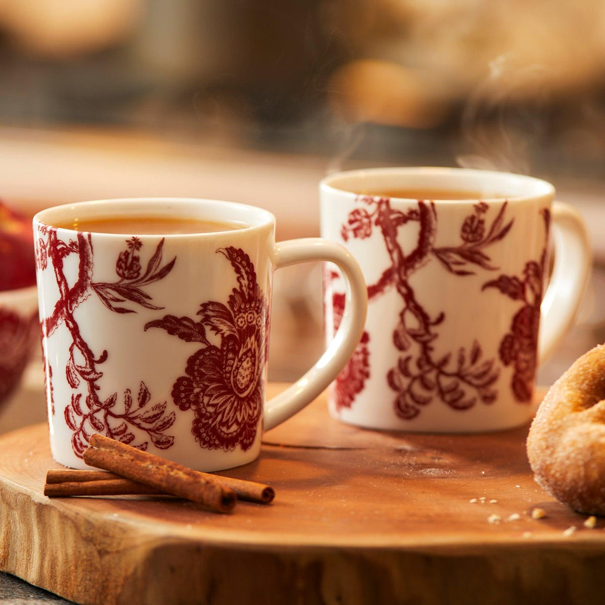 Arcadia Crimson Oversized Porcelain Mug Shown as a Set of 2 with Hot Cider from Caskata