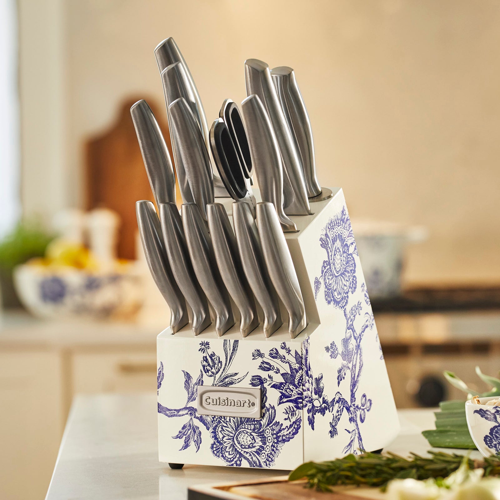 Arcadia Patterned 15 pc. German Stainless Steel Knife Block Set with Engraved Blades from the Caskata X Cuisinart Limited Edition Collection