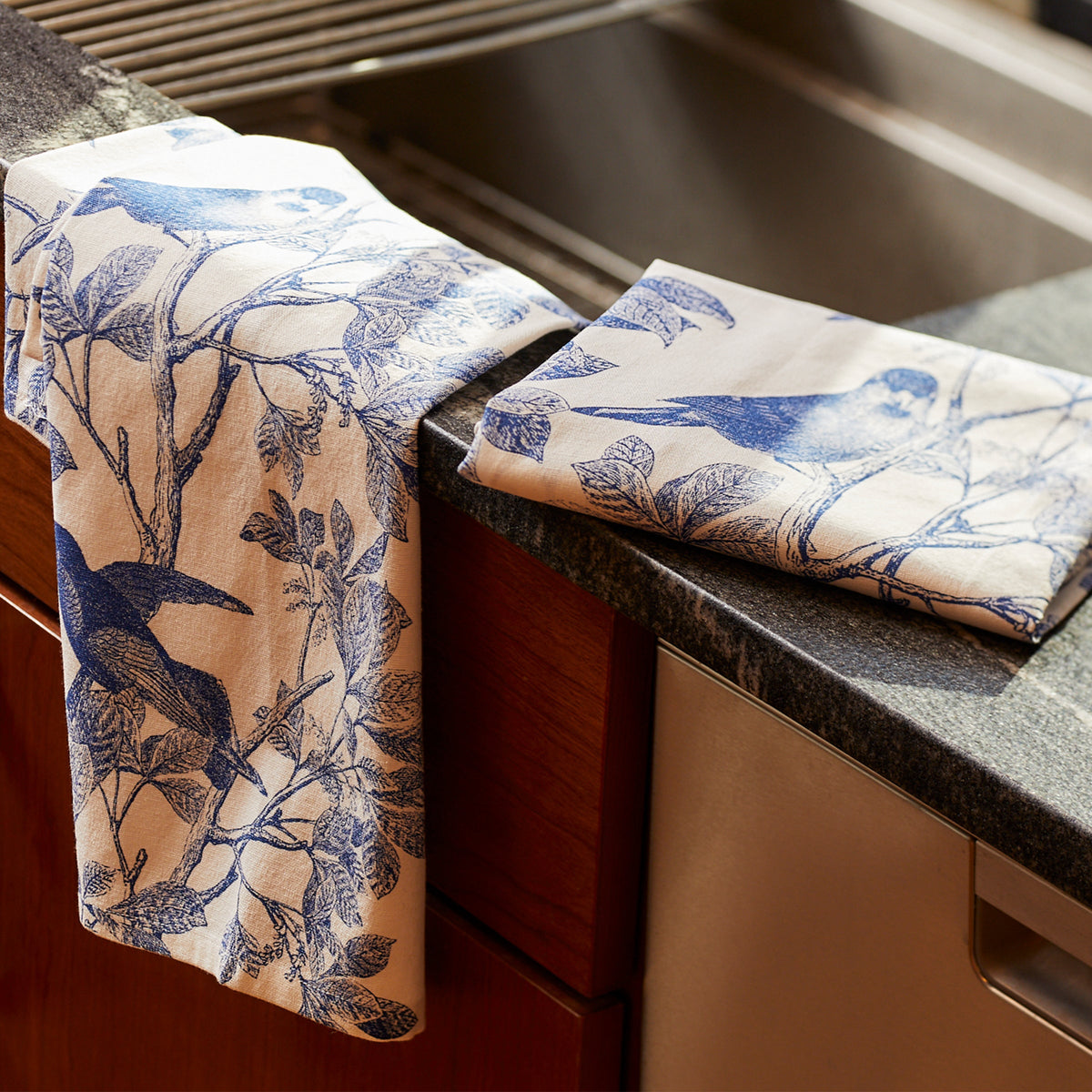 Arbor Blue Birds Kitchen Towels in 100% Cotton, Sold as a set of 2 from Caskata
