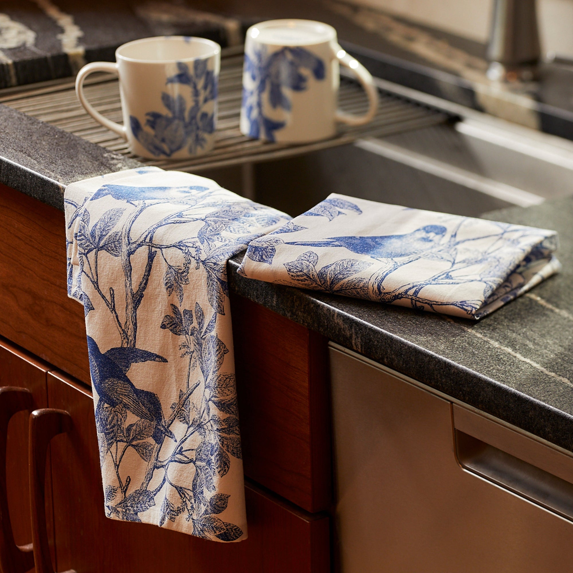 Arbor Blue Birds Kitchen Towels in 100% Cotton, Sold as a set of 2 from Caskata