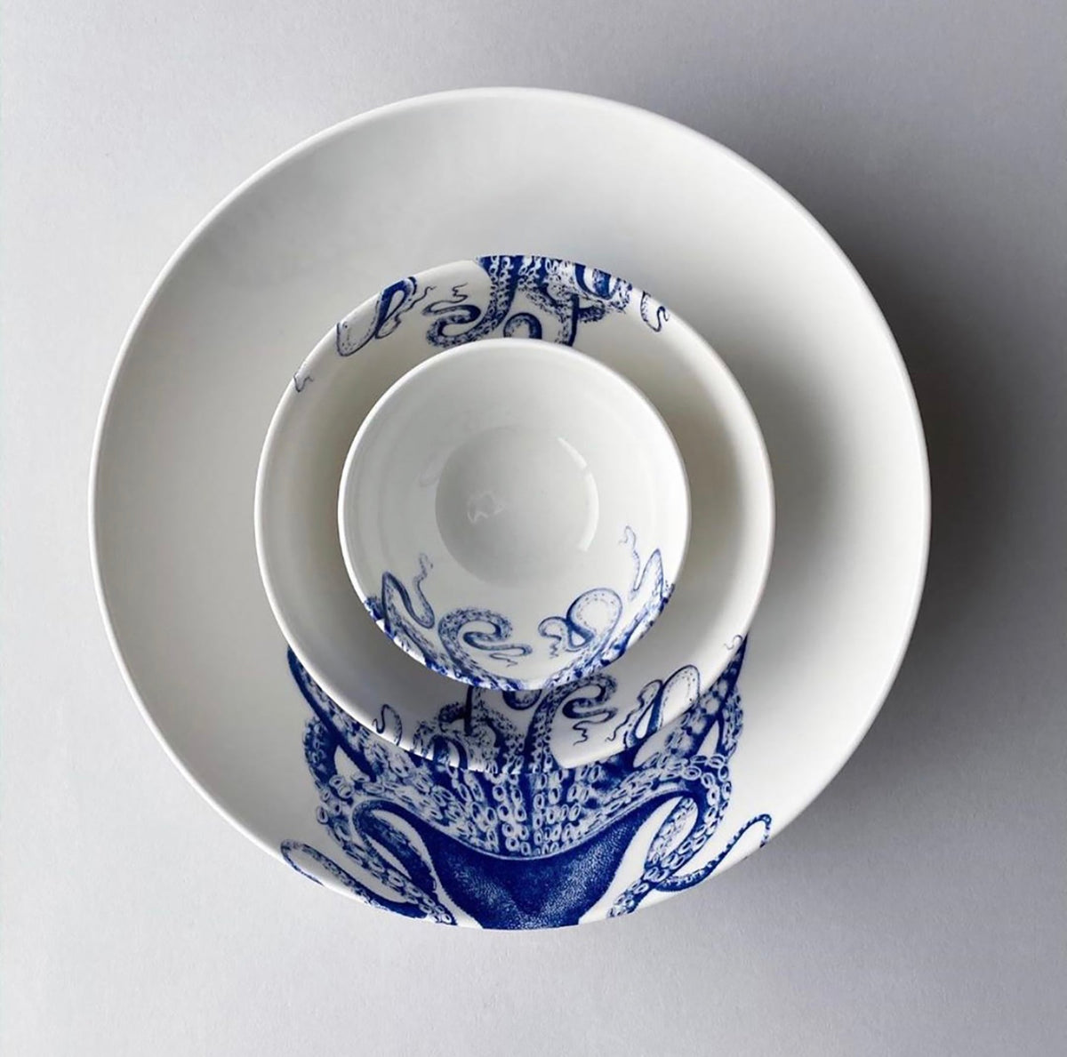Lucy the octopus, a blue and white porcelain Lucy Wide Serving Bowl by Caskata Artisanal Home.