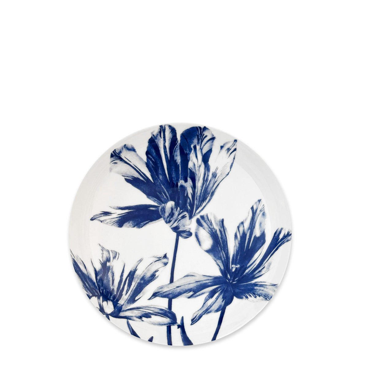 The Caskata Tulip Entrée Bowl is a round white bowl adorned with three large blue tulips in bloom—an elegant floral accent to enhance any table setting.
