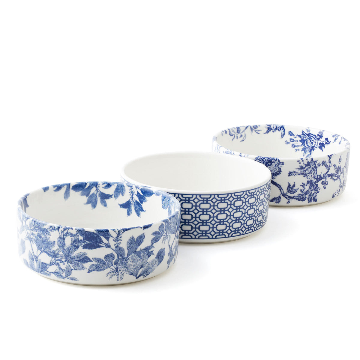 Three Caskata Newport Garden Gate Medium Pet Bowls on a white surface.