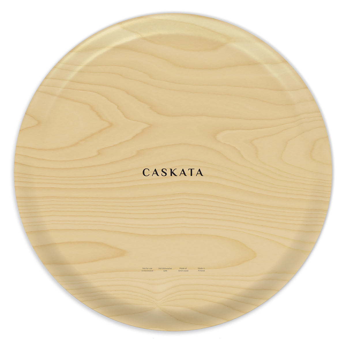 The Butterflies Large Round Birchwood Tray by Caskata features a light, natural birchwood grain pattern and &quot;Caskata&quot; printed in the center, making it ideal for those who appreciate sustainable trays.