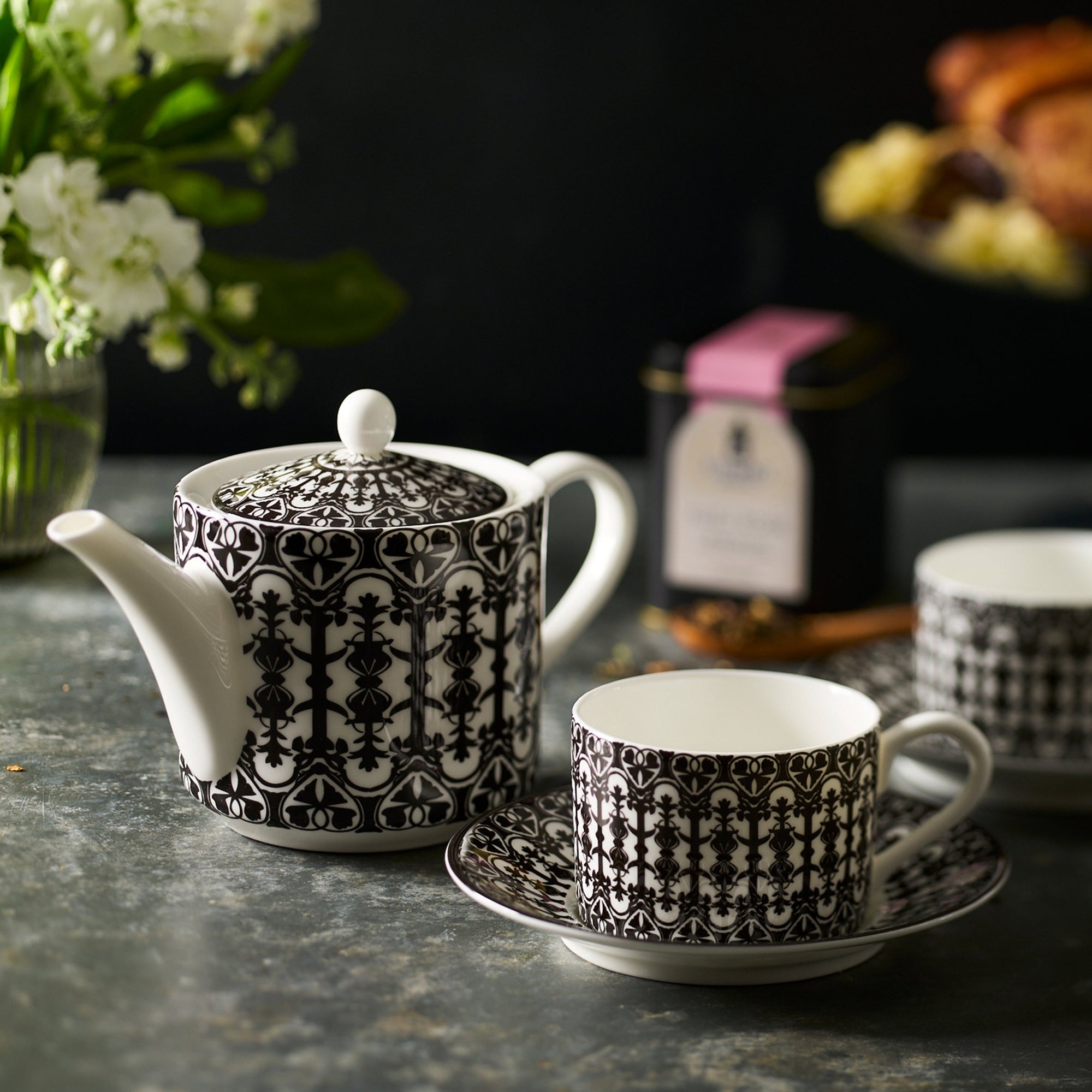 Casablanca black and white bone china teacup and saucer set of 2 from Caskata