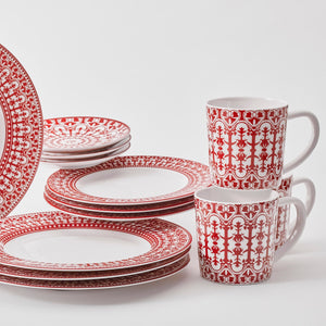 Closeup of Casablanca Crimson Red and white 16 pc. dinnerware set for 4 from Caskata