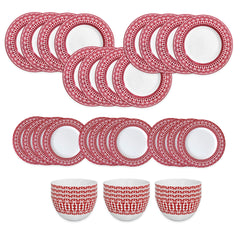 The Caskata Casablanca Crimson Table for 12 features twelve red and white patterned plates and four matching bowls, all arranged in rows on a white background.