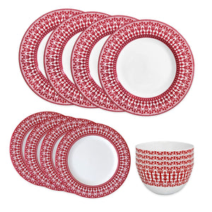 The Casablanca Crimson Table for 4 by Caskata is a 12-piece porcelain set with six large plates, six small plates, and six bowls, each featuring a red and white geometric pattern with ornate scrollwork on the rims.