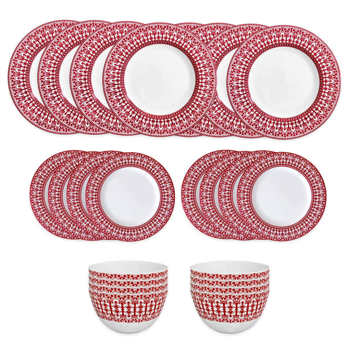 The Caskata Casablanca Crimson Table for 8 set features a red and white pattern, with 6 large plates, 4 small plates, and 2 bowls—each item artfully displayed on a crisp white background.