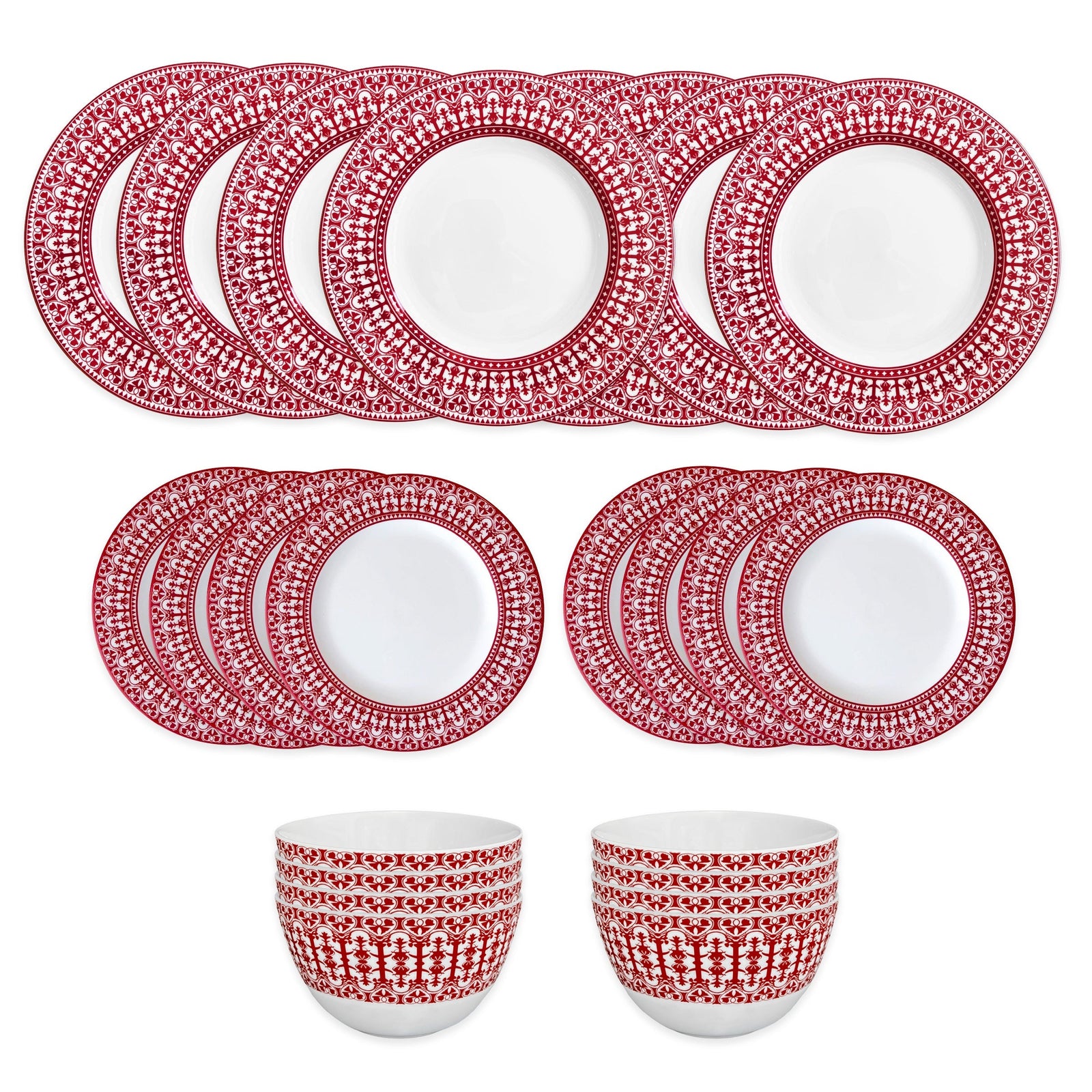 The Caskata Casablanca Crimson Table for 8 set features a red and white pattern, with 6 large plates, 4 small plates, and 2 bowls—each item artfully displayed on a crisp white background.